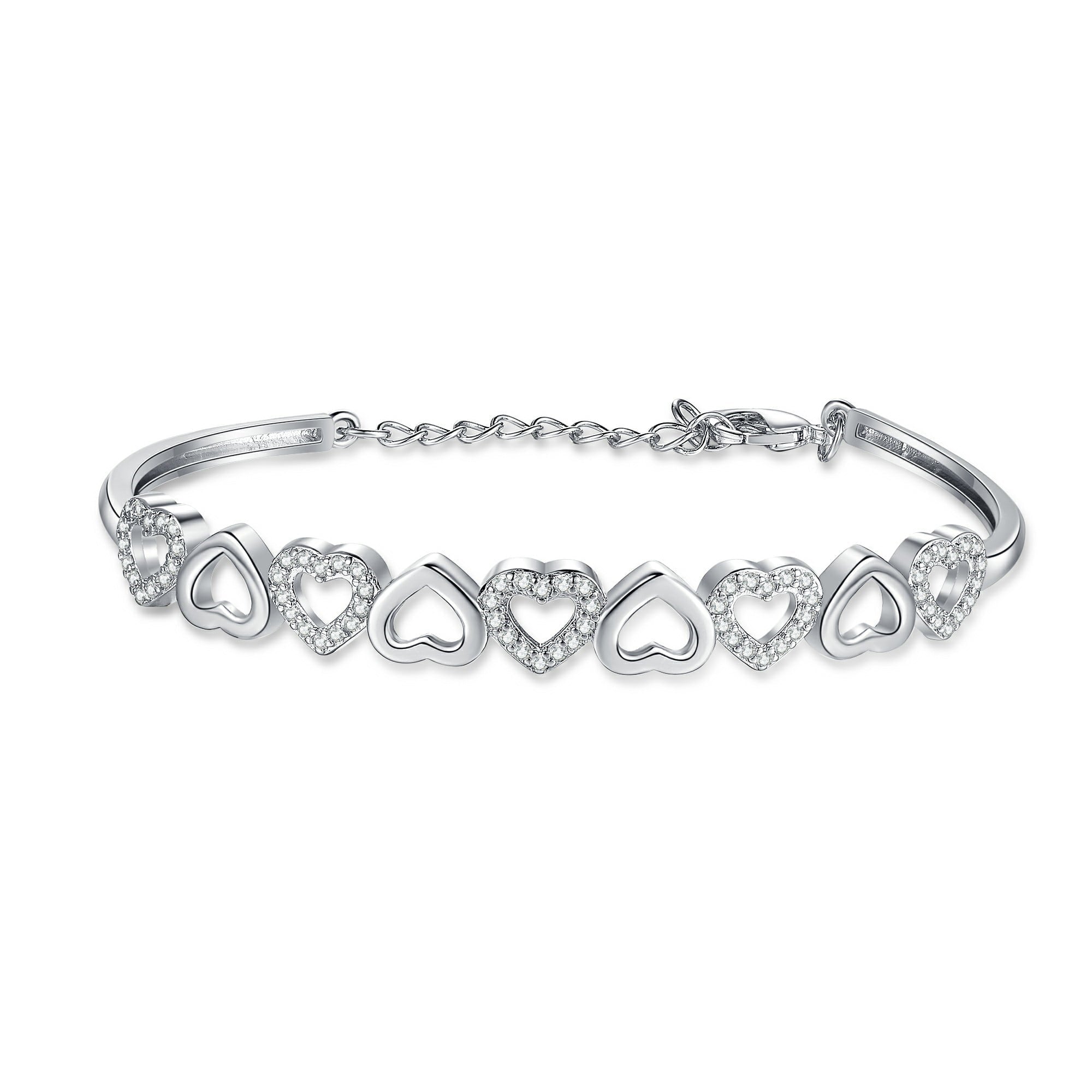 Amy and Annette 14K White Gold Hearts Bangle Adjustable Bracelet with crystals from Swarovski in 14K White Gold Plated