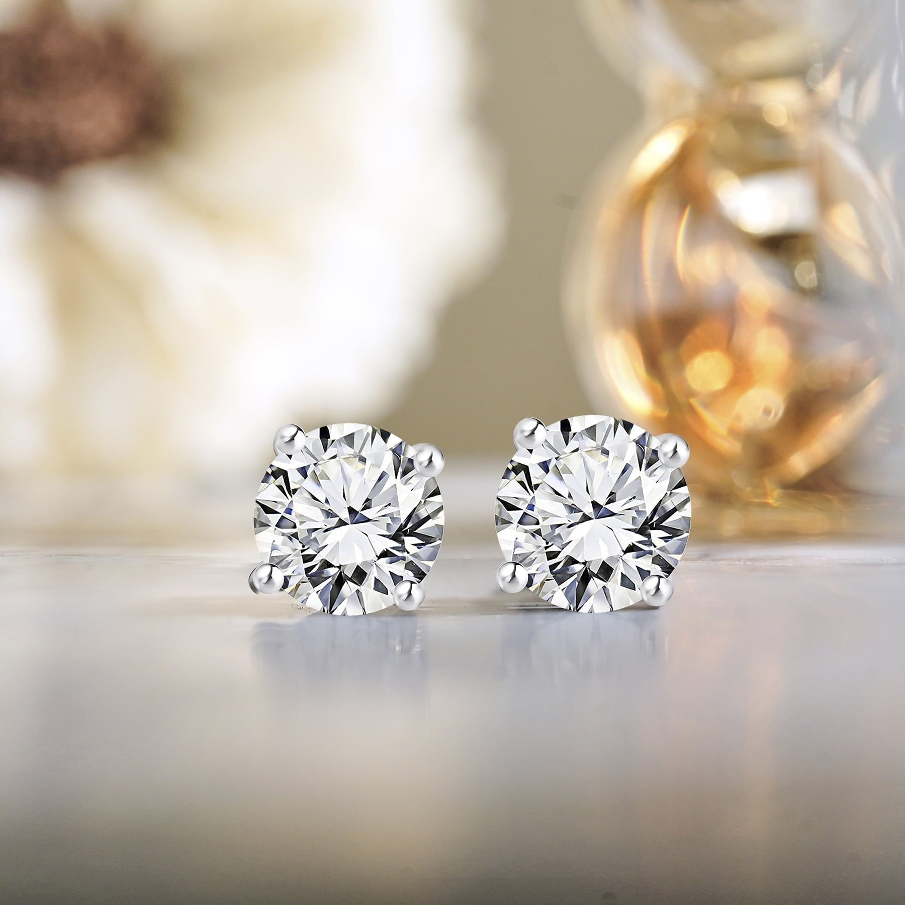 JeenMata 4 Prong 2 Carat Round Shaped Moissanite Solitaire Stud Earrings in 18k White Gold Plating for Women