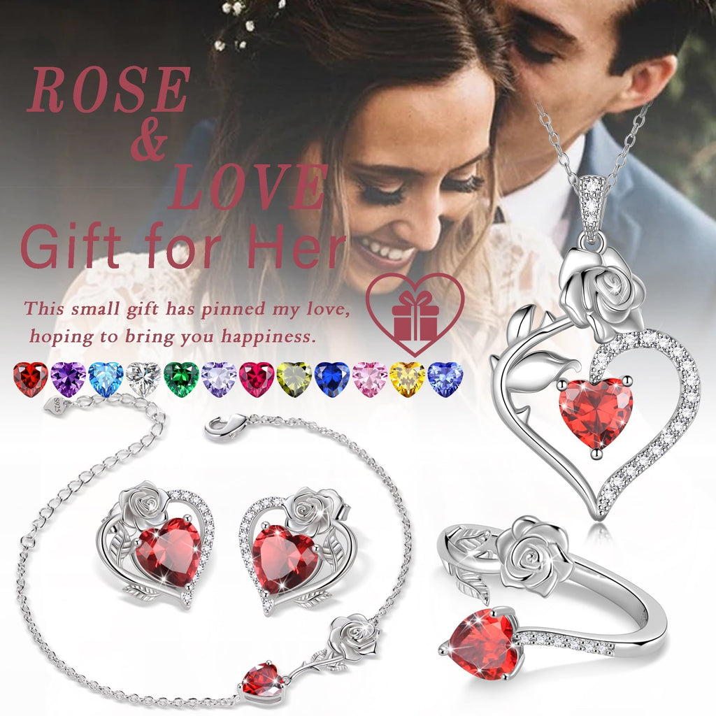 Beautlace Rose Heart Jewelry Set,December Birthstone Rose Flower Heart Necklace/Earrings/Ring/Bracelet Set 925 Sterling Silver Jewelry Birthday Christmas Valentines Mother's Day Gifts for Women Mom