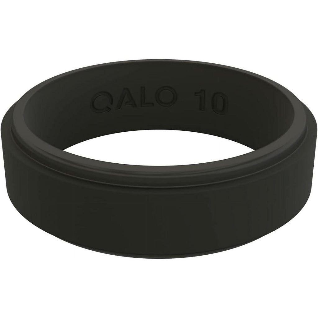 QALO Men & Women's Rubber Silicone Ring, Narrow Polished Step Edge Rubber Wedding Band, Breathable, Durable Unisex Engagement Silicone Ring, 6.5mm Wide 2mm Thick, Black, Size 13