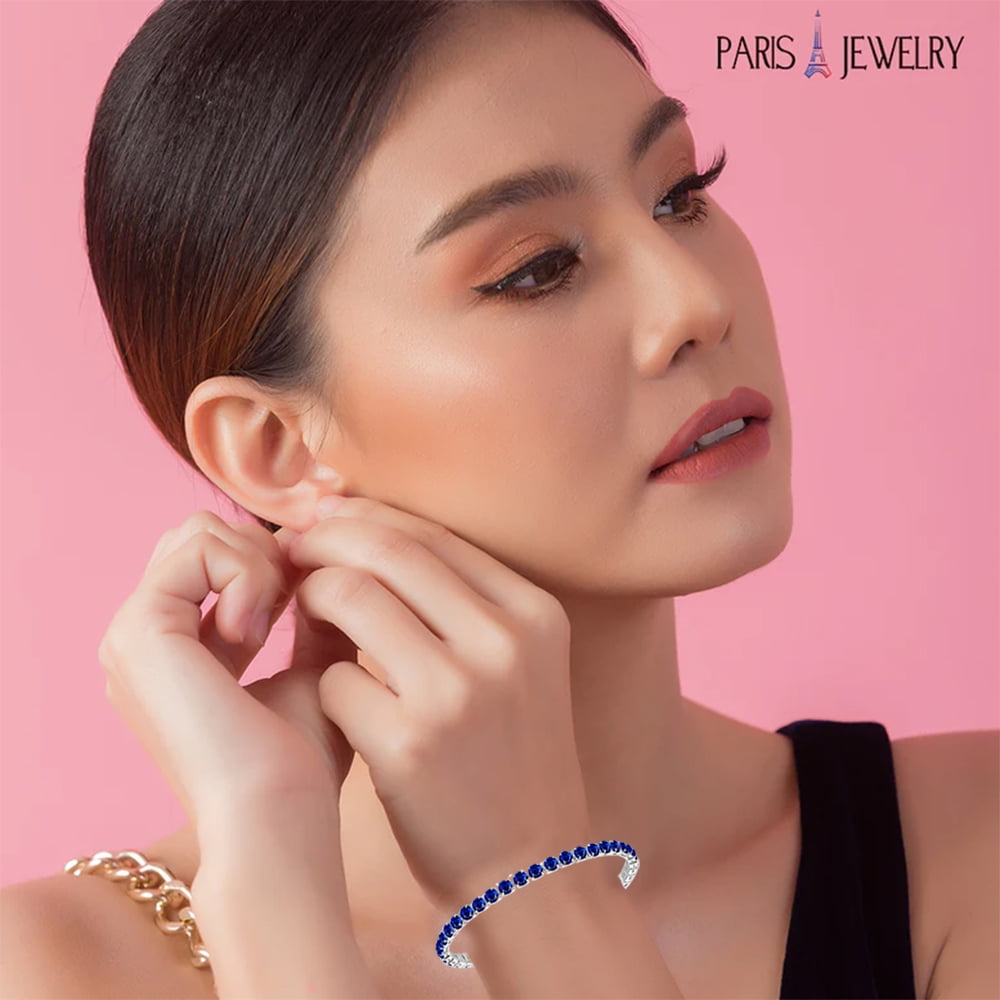Paris Jewelry 18k White Gold 6 Cttw Blue Sapphire  Round Adjustable Tennis Bracelet For Women Plated