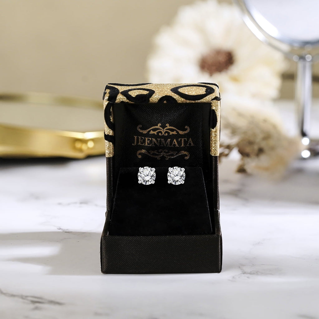 JeenMata 4 Prong 2 Carat Round Shaped Moissanite Solitaire Stud Earrings in 18k White Gold Plating for Women