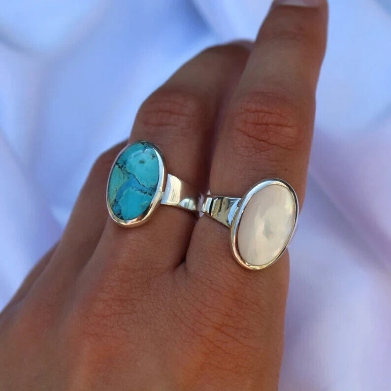 Sterling Silver Turquoise Large Oval Ring Blue Gemstone December Birthstone Ring