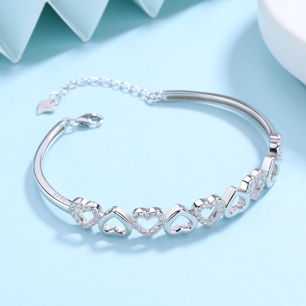 Amy and Annette 14K White Gold Hearts Bangle Adjustable Bracelet with crystals from Swarovski in 14K White Gold Plated