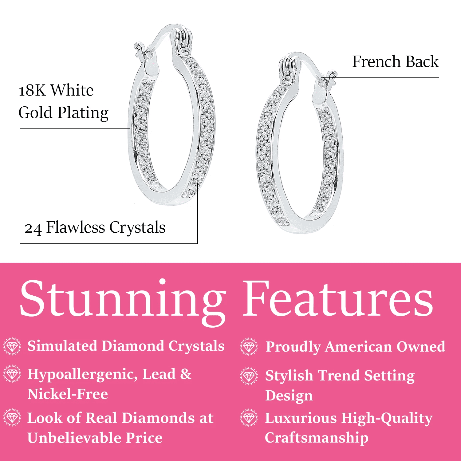 Cate & Chloe Margot 18k White Gold Plated 24mm Hoop Earrings with Simulated Diamonds Gift for Women