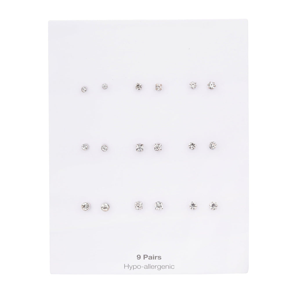 Time and Tru Adult Women's 9 Pair Silver Tone Crystal Stud Metal Earrings Set
