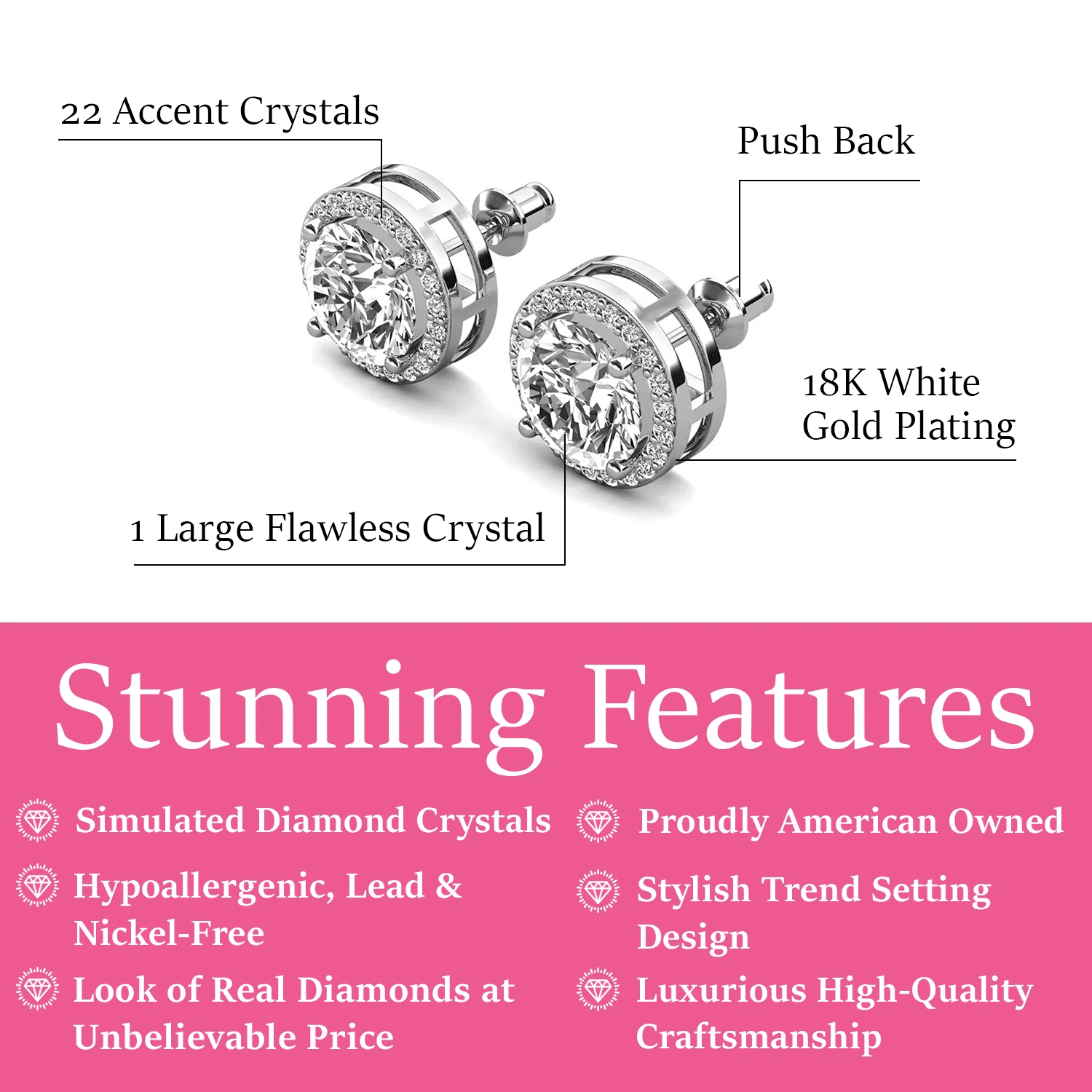 Cate & Chloe Ariel 18k White Gold Plated Halo Stud Earrings with Simulated Diamonds Gift for Women