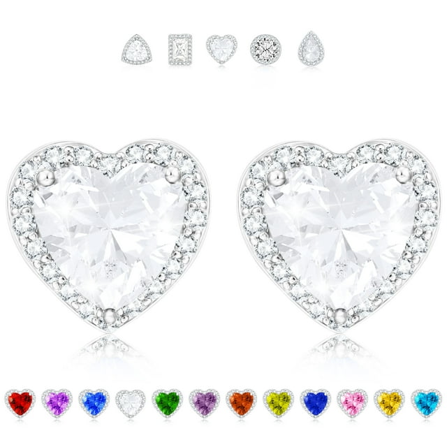 APSVO 18K White Gold Plated Love Heart Stud Earrings for Women CZ S925 Sterling Silver April Birthstone Earrings with Crystal Wedding Graduation Birthday Jewelry Gifts Teen Mom Ideas Age