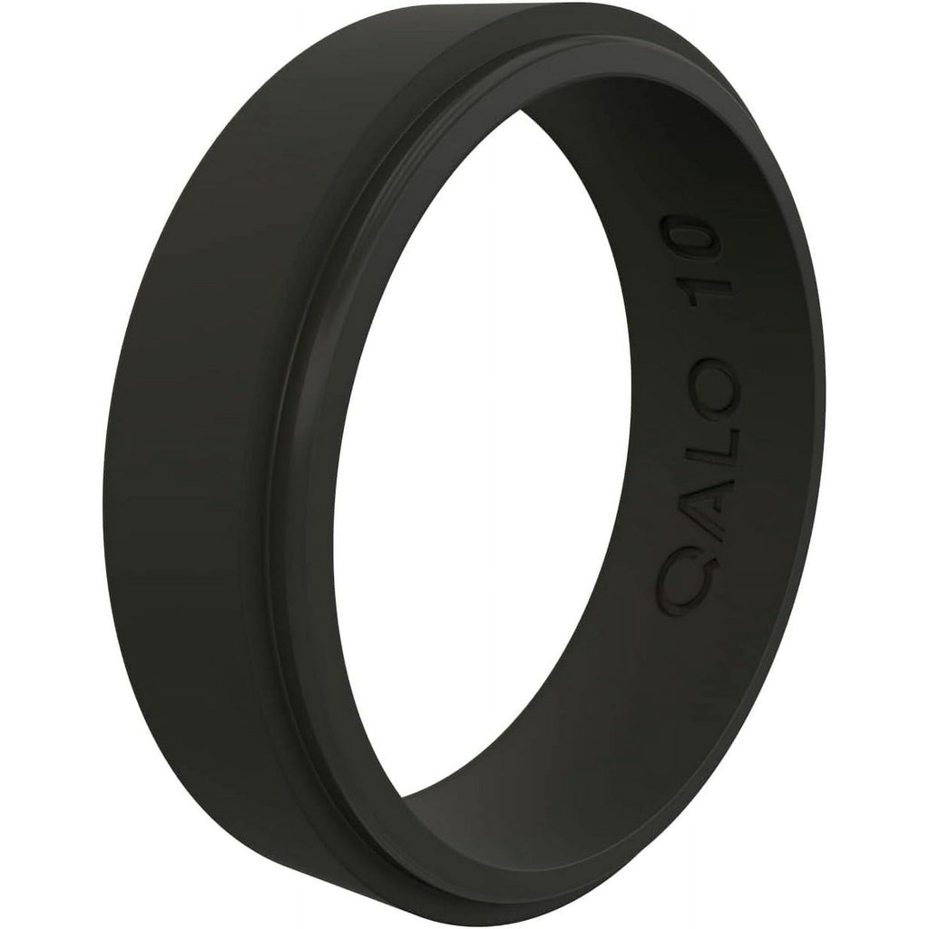QALO Men & Women's Rubber Silicone Ring, Narrow Polished Step Edge Rubber Wedding Band, Breathable, Durable Unisex Engagement Silicone Ring, 6.5mm Wide 2mm Thick, Black, Size 13