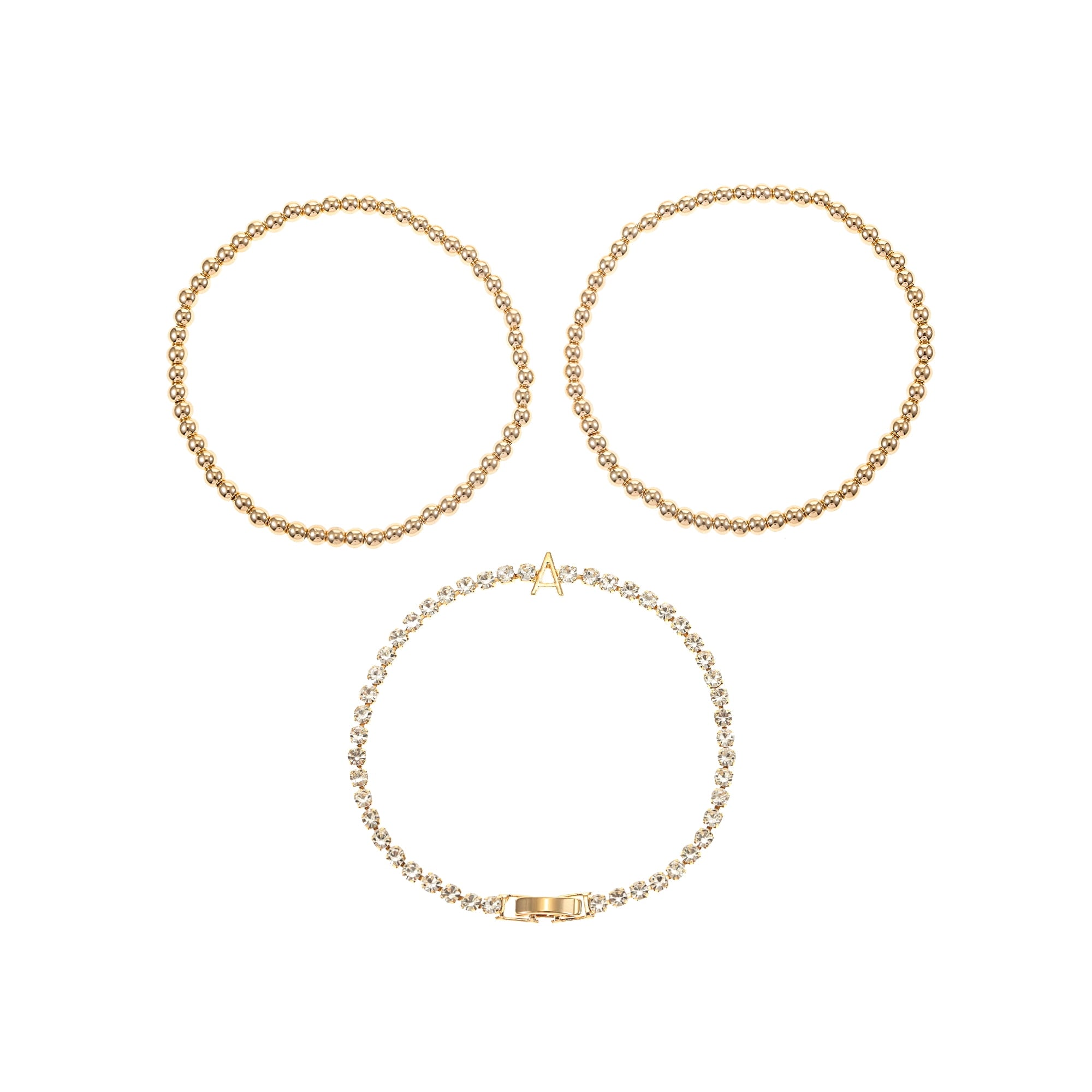 Time and Tru Goldtone and Crystal Beaded Stretch Bracelets, 3 Pieces, Initial Letter A
