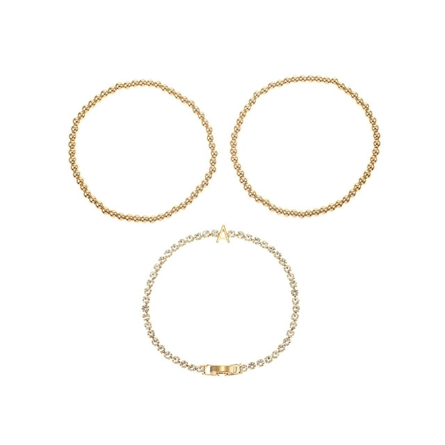 Time and Tru Goldtone and Crystal Beaded Stretch Bracelets, 3 Pieces, Initial Letter A