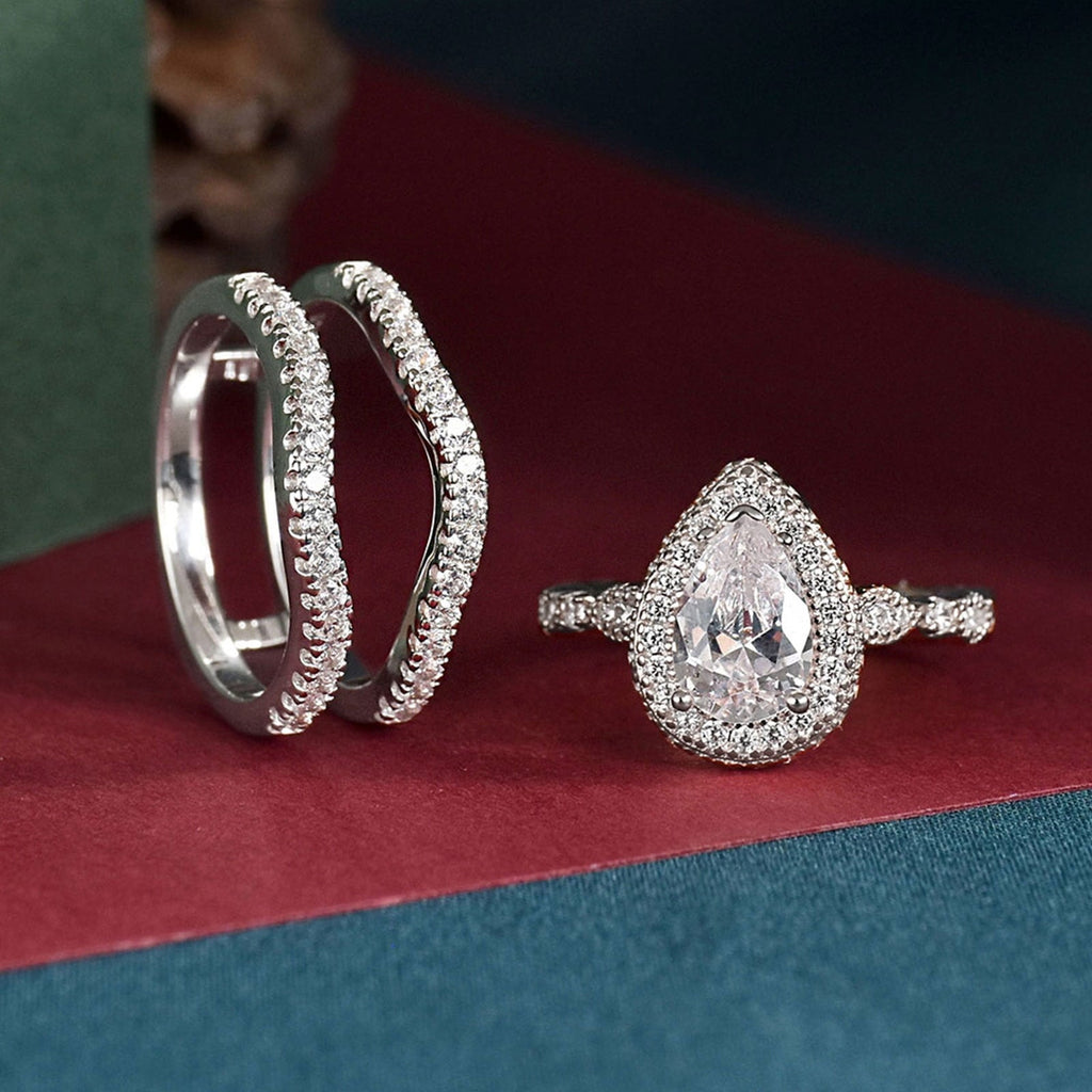 Newshe Jewellery Wedding Rings for Women Bridal Ring Enhancer Engagement Ring 3Ct Pear White Gold 925 Sterling Silver 5A Cz Size 7