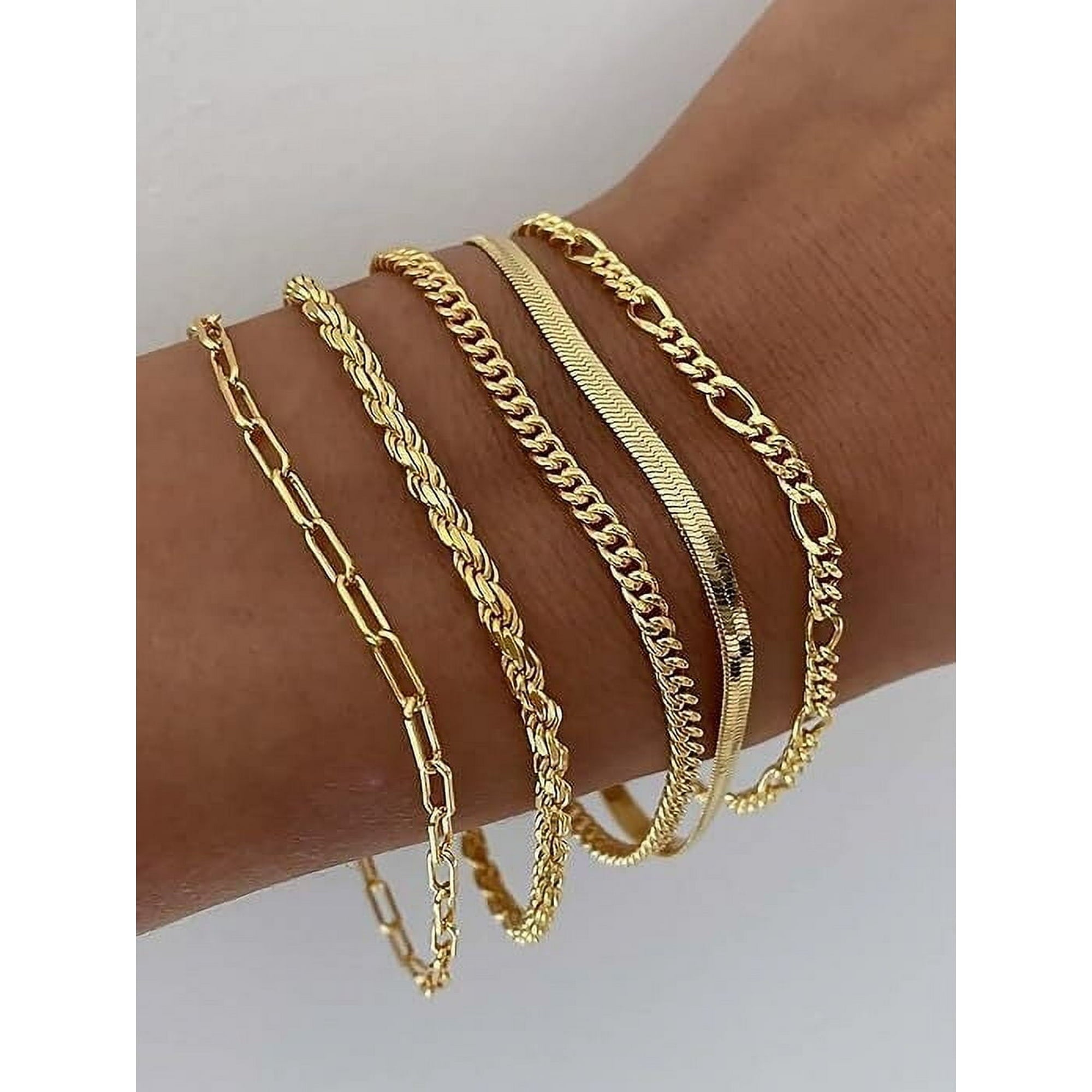 Gold Bracelets for Women, 14K Gold Plated Jewelry Sets for Women Trendy Thin Dainty Stackable Cuban Link Paperclip Chain Bracelet Pack Fashion Accessories Gifts