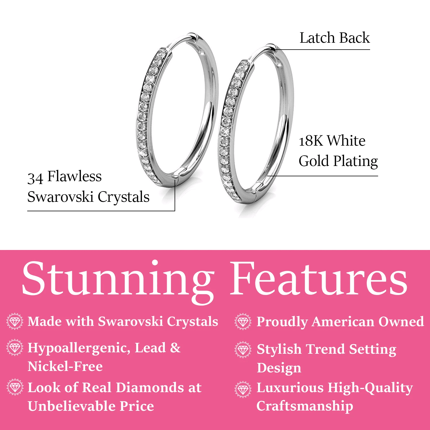 Cate & Chloe Bianca 18k White Gold Plated 25mm Hoop Earrings with Swarovski Crystals for Women
